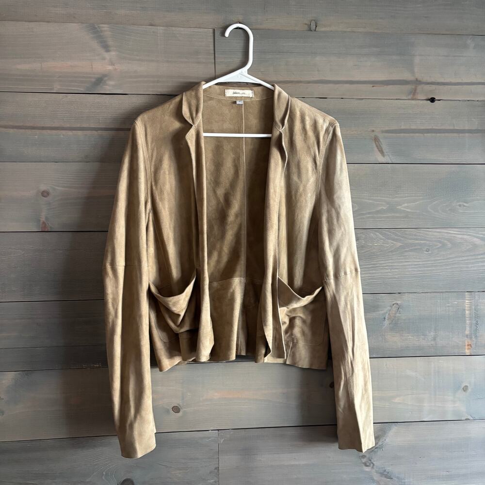 JAKETT...ETC | 100% Genuine Suede Leather Open Front Jacket Tan Sz S